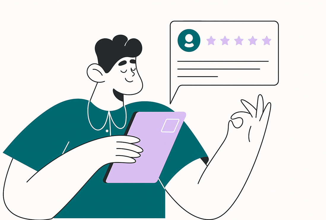 Person reviewing a product with a five star rating